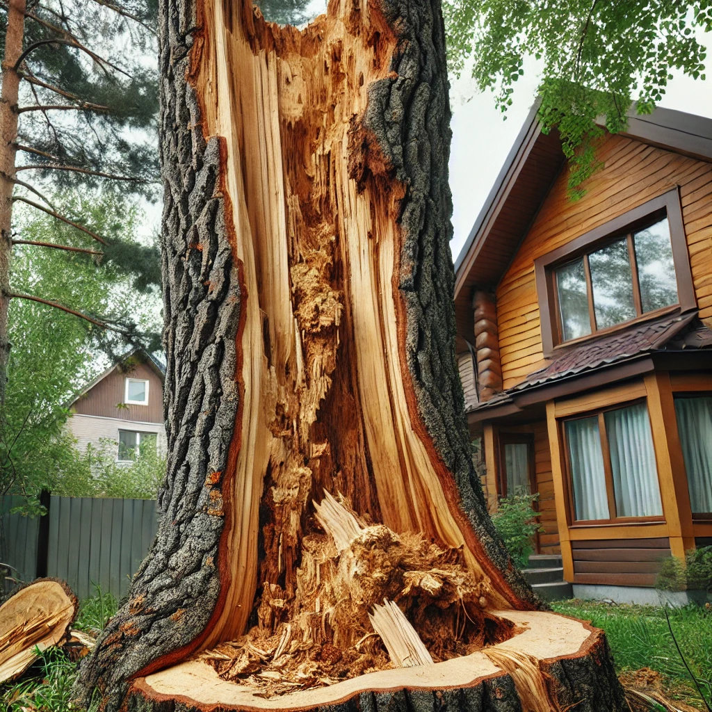 A close-up image of a large tree with visible signs of decay, including peeling bark, fungal growth at the base, and a hollow trunk.